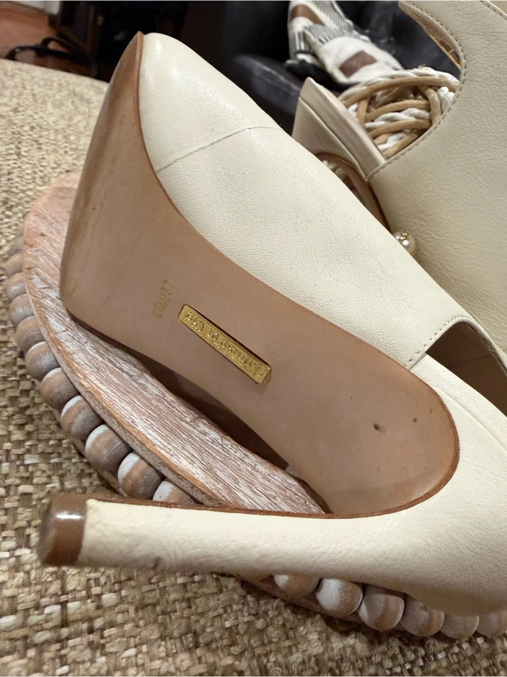Louise et Cie Cream Pointed-Toe Slingback Heels with Pearl Detail